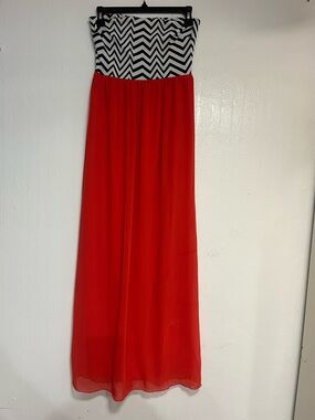 Enfocus Studio Red Maxi Dress with Black & White Chevron Bodice